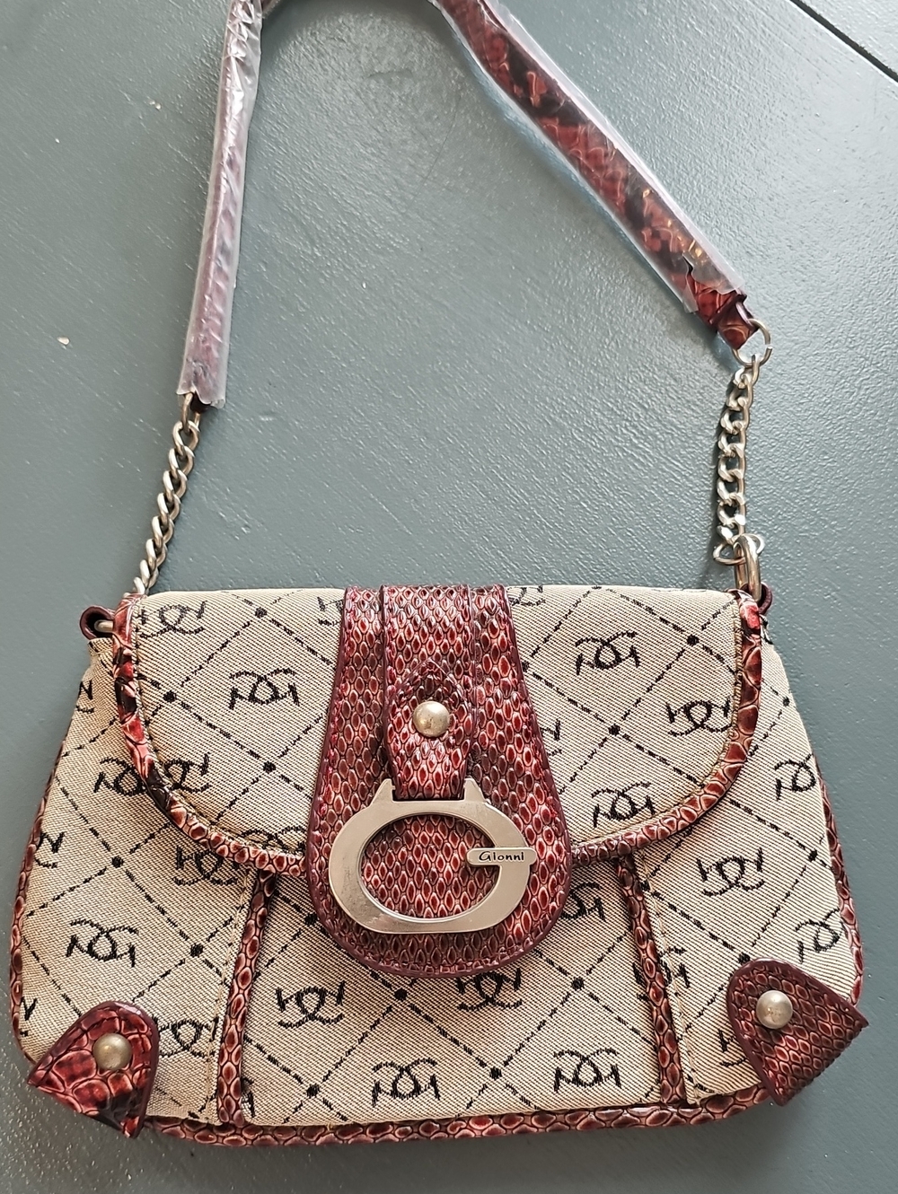 Gionni Vintage Y2K Monogram Shoulder Bag Women Sm Tan Red Snakeskin Faux Leather